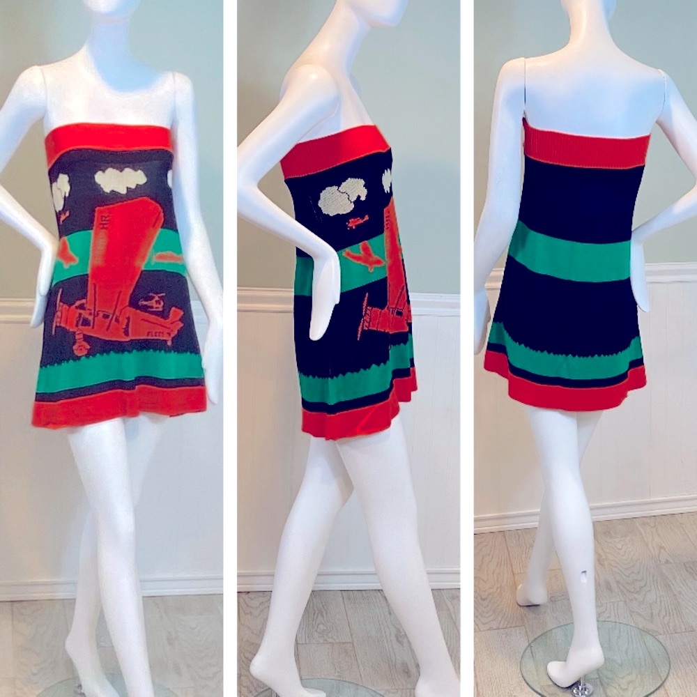 VNTG 70s POP ART Sant Angelo Biplane Intarsia Knit A-Line Mini Dress/Midi Skirt